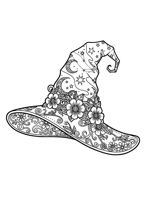 Witch coloring page for adults with an ornate witch hat covered in moons, stars, and constellation patterns, free printable