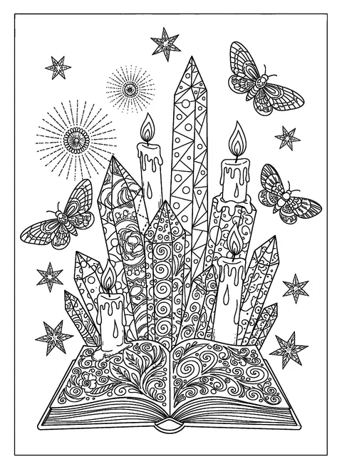 Witch coloring page for adults with pointed crystals, dripping candles, and an open patterned spellbook, free printable
