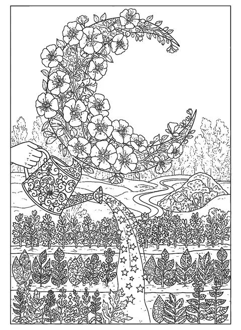 Witch coloring page for adults with a moonlit garden of moonflowers, patterned herbs, and a crescent trellis, free printable