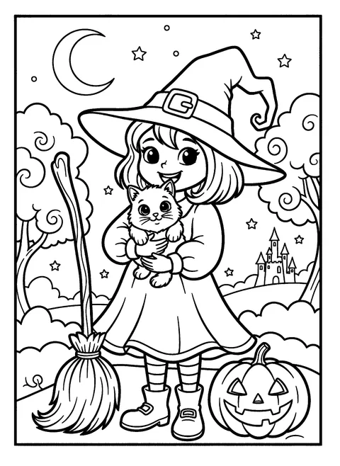 One of 9 free printable witch coloring pages: a little witch in a big pointed hat holding her kitten