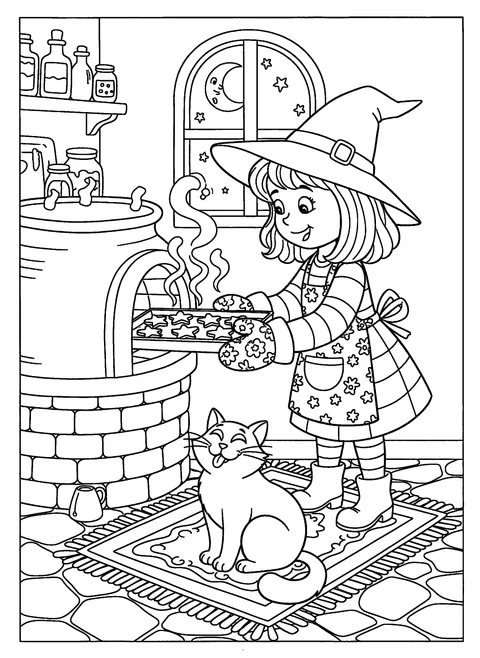 Cute witch coloring page of a little witch pulling star cookies from a cauldron oven while a cat watches, free printable