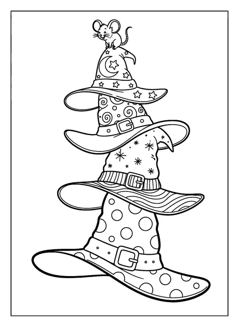 Cute witch coloring page of a wobbly stack of decorated witch hats with a mouse on top, free printable