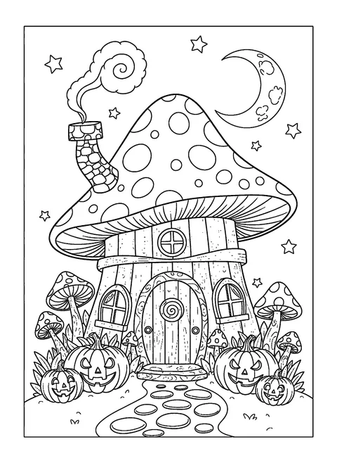 Witch coloring page for kids of a cozy crooked witch cottage with a mushroom roof and pumpkins, free printable