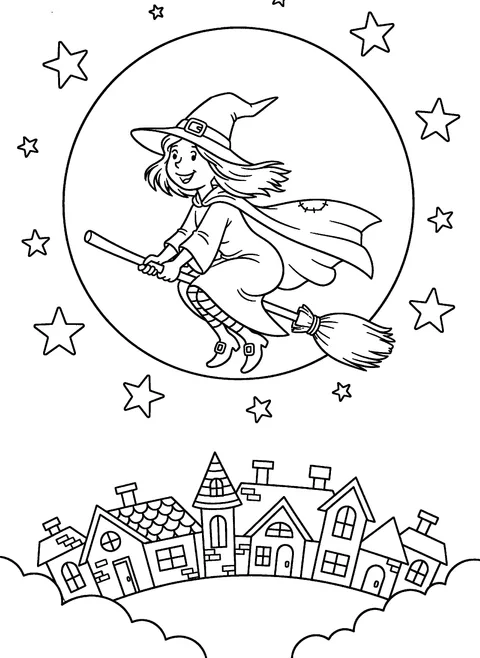 Witch coloring page for kids of a friendly witch flying on a broom across a big full moon, free printable
