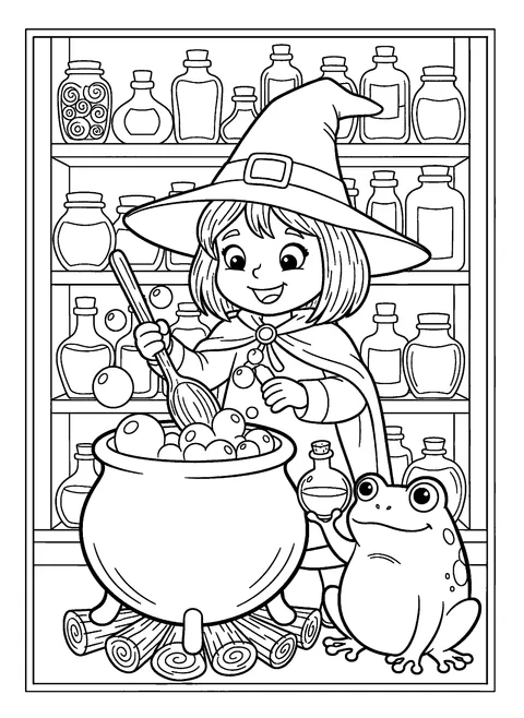 Witch coloring page for kids of a young witch stirring a cauldron while a frog assistant holds a bottle, free printable